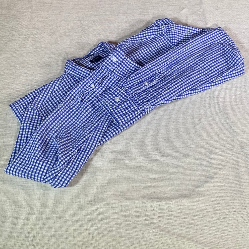 J.Crew Mens XL Slim Fit Gingham Seersucker Button Down Shirt Blue White